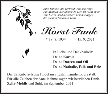 Traueranzeige von Horst Funk von Südthüringer Presse