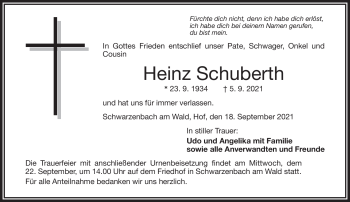 Traueranzeige von Heinz Schuberth von Frankenpost