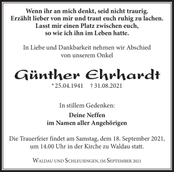 Traueranzeige von Günther Ehrhardt von Südthüringer Presse