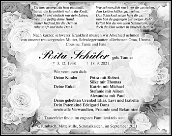 Traueranzeige von Rita Schüler von Südthüringer Presse