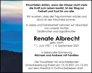 Traueranzeige von Renate Albrecht von Südthüringer Presse