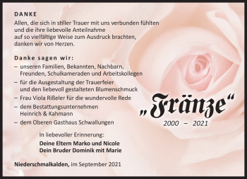 Traueranzeige von Franziska Göpel von Südthüringer Presse