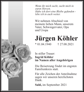 Traueranzeige von Jürgen Köhler von Südthüringer Presse