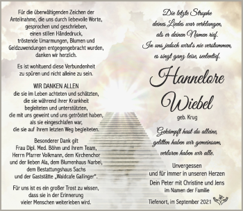 Traueranzeige von Hannelore Wiebel von Südthüringer Presse