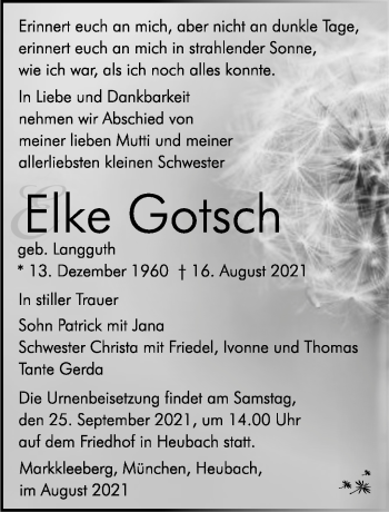 Traueranzeige von Elke Gotsch von Südthüringer Presse