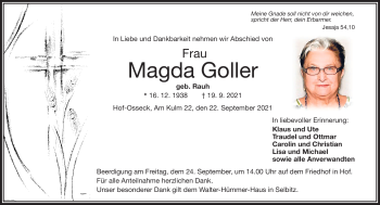Traueranzeige von Magda Golle von Frankenpost