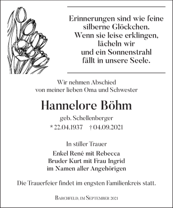 Traueranzeige von Hannelore Böhm von Südthüringer Presse