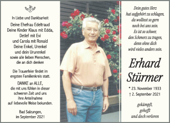 Traueranzeige von Erhard Stürmer von Südthüringer Presse