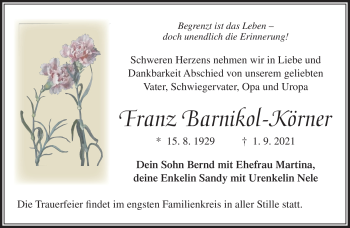 Traueranzeige von Franz Barnikol-Körner von Südthüringer Presse