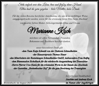 Traueranzeige von Marianne Koch von Südthüringer Presse