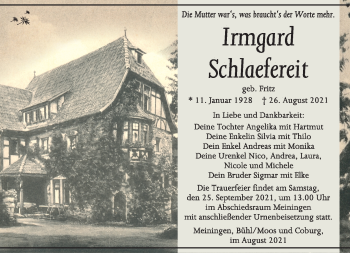 Traueranzeige von Irmgard Schlaefereit von Südthüringer Presse