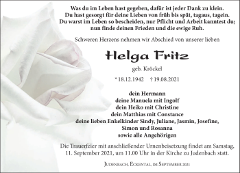 Traueranzeige von Helga Fritz von Südthüringer Presse