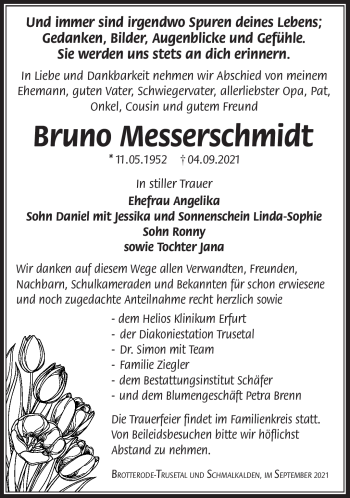 Traueranzeige von Bruno Messerschmidt von Südthüringer Presse
