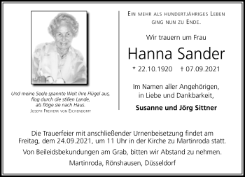 Traueranzeige von hanna Sander von Südthüringer Presse