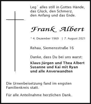 Traueranzeige von Frank Albert von Frankenpost