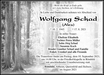 Traueranzeige von Wolfgang Schad von Südthüringer Presse