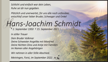 Traueranzeige von Hans-Joachim Schmidt von Südthüringer Presse