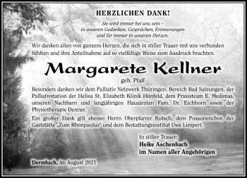 Traueranzeige von Margarete Kellner von Südthüringer Presse