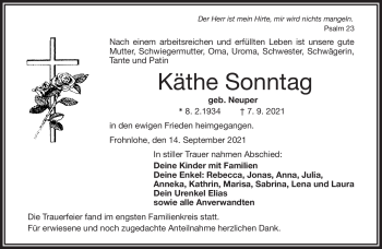 Traueranzeige von Käthe Sonntag von Frankenpost