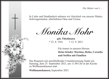 Traueranzeige von Monika Mohr von Südthüringer Presse
