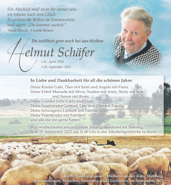 Traueranzeige von Helmut Schäfer von Südthüringer Presse