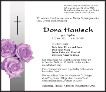 Traueranzeige von Dora Hanisch von Südthüringer Presse