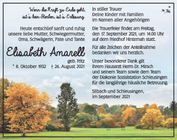 Traueranzeige von Elisabeth Amarell von Südthüringer Presse