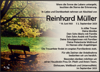 Traueranzeige von Reinhard Müller von Südthüringer Presse