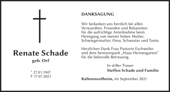 Traueranzeige von Renate Schade von Südthüringer Presse