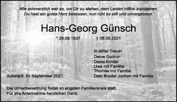 Traueranzeige von Hans-Georg Günsch von Südthüringer Presse