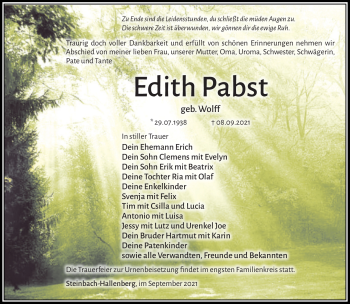 Traueranzeige von Edith Pabst von Südthüringer Presse