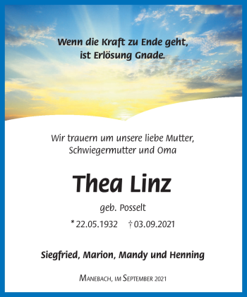 Traueranzeige von Thea Linz von Südthüringer Presse