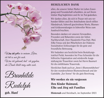 Traueranzeige von Brunhilde Rudolph von Südthüringer Presse