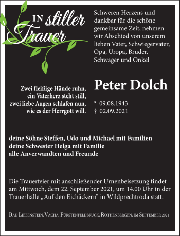 Traueranzeige von Peter Dolch von Südthüringer Presse