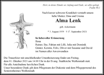 Traueranzeige von Alma Lenk von Frankenpost