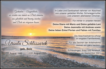 Traueranzeige von Ursula Schlossarek von Südthüringer Presse