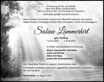 Traueranzeige von Sabine Lämmerhirt von Südthüringer Presse