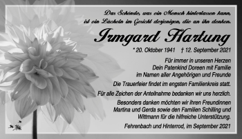 Traueranzeige von Irmgard Hartung von Südthüringer Presse