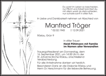 Traueranzeige von Manfred Tröger von Frankenpost