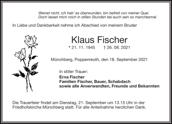Traueranzeige von Klaus Fischer von Frankenpost