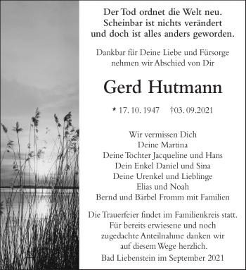 Traueranzeige von Gerd Hutmann von Südthüringer Presse