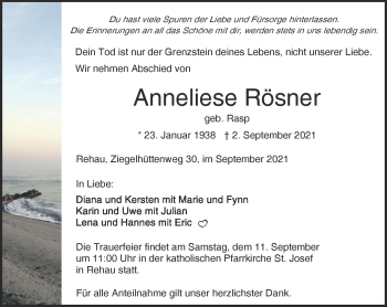 Traueranzeige von Anneliese Rösner von Frankenpost
