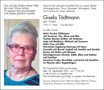 Traueranzeige von Gisela Tödtmann von Südthüringer Presse