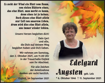 Traueranzeige von Edelgard Augsten von Südthüringer Presse