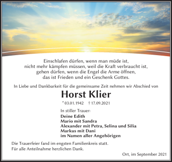 Traueranzeige von Horst Klier von Frankenpost