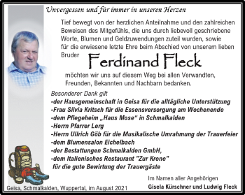Traueranzeige von Ferdinand Fleck von Südthüringer Presse