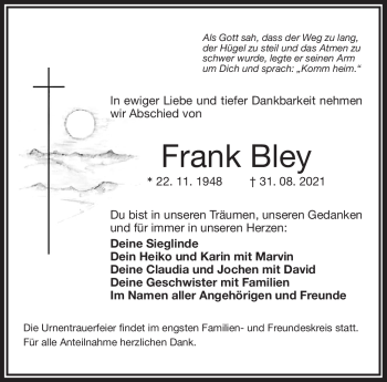 Traueranzeige von Frank Bley von Frankenpost