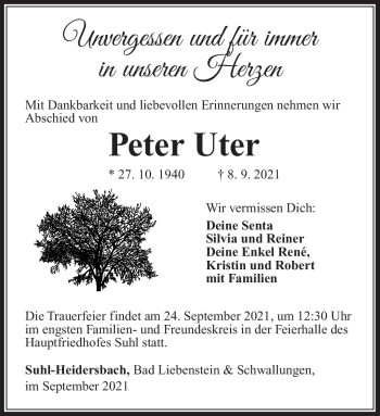 Traueranzeige von Peter Uter von Südthüringer Presse