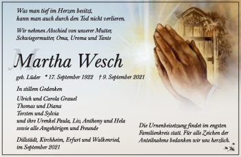 Traueranzeige von Martha Wesch von Südthüringer Presse