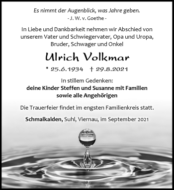 Traueranzeige von Ulrich Volkmar von Südthüringer Presse